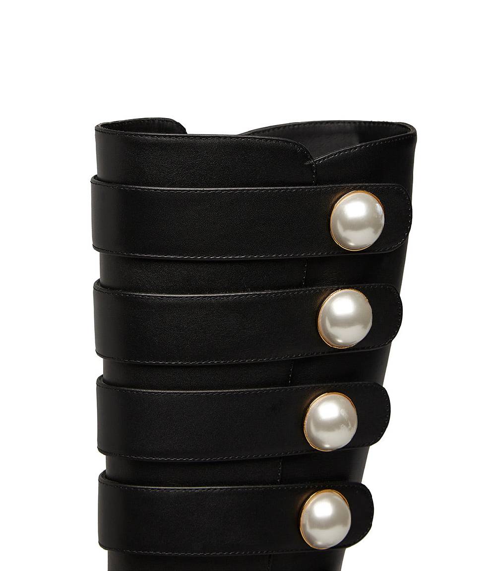 Loriblu Stivale in vitello nero con cinturini e borchie perla In Saldo