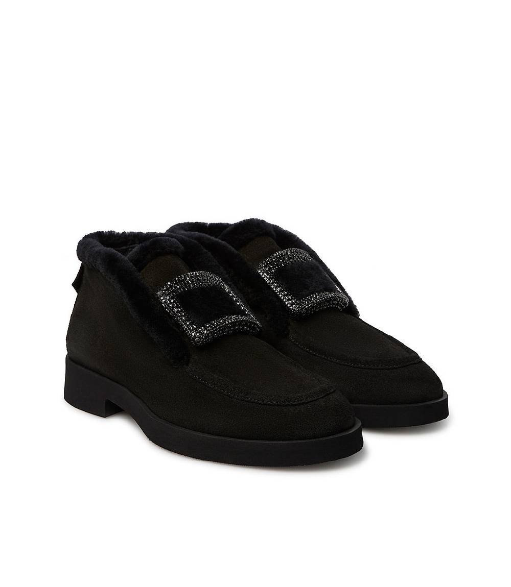 Loriblu Mocassini in camoscio e shearling nero con fibbia-gioiello Vendita