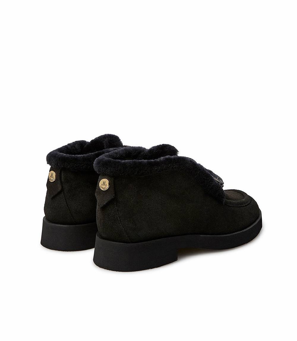Loriblu Mocassini in camoscio e shearling nero con fibbia-gioiello Vendita
