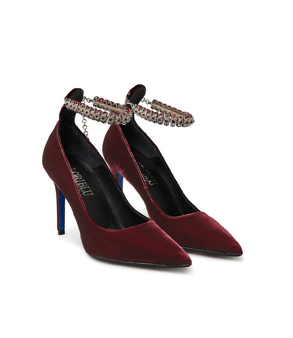 Loriblu Décolleté in velluto rosso rubino con cinturino gioiello Offerte