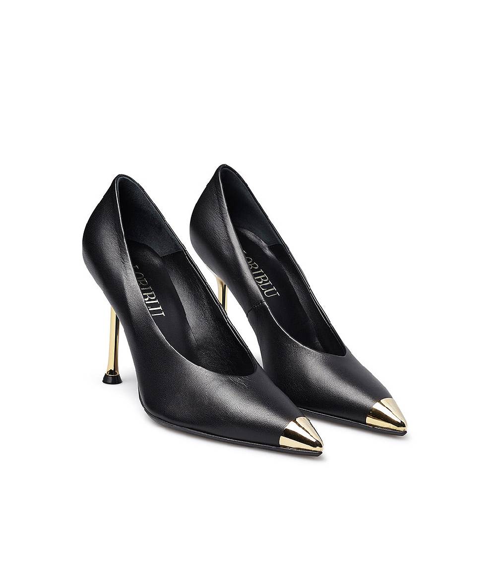 Loriblu Décolleté in nappa nera con tacco e punta in metallo oro Hotsell