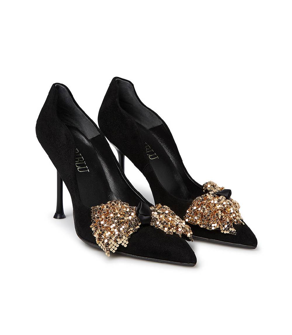Loriblu Décolleté onda in camoscio nero con fiocco full metal oro Vendita Calda