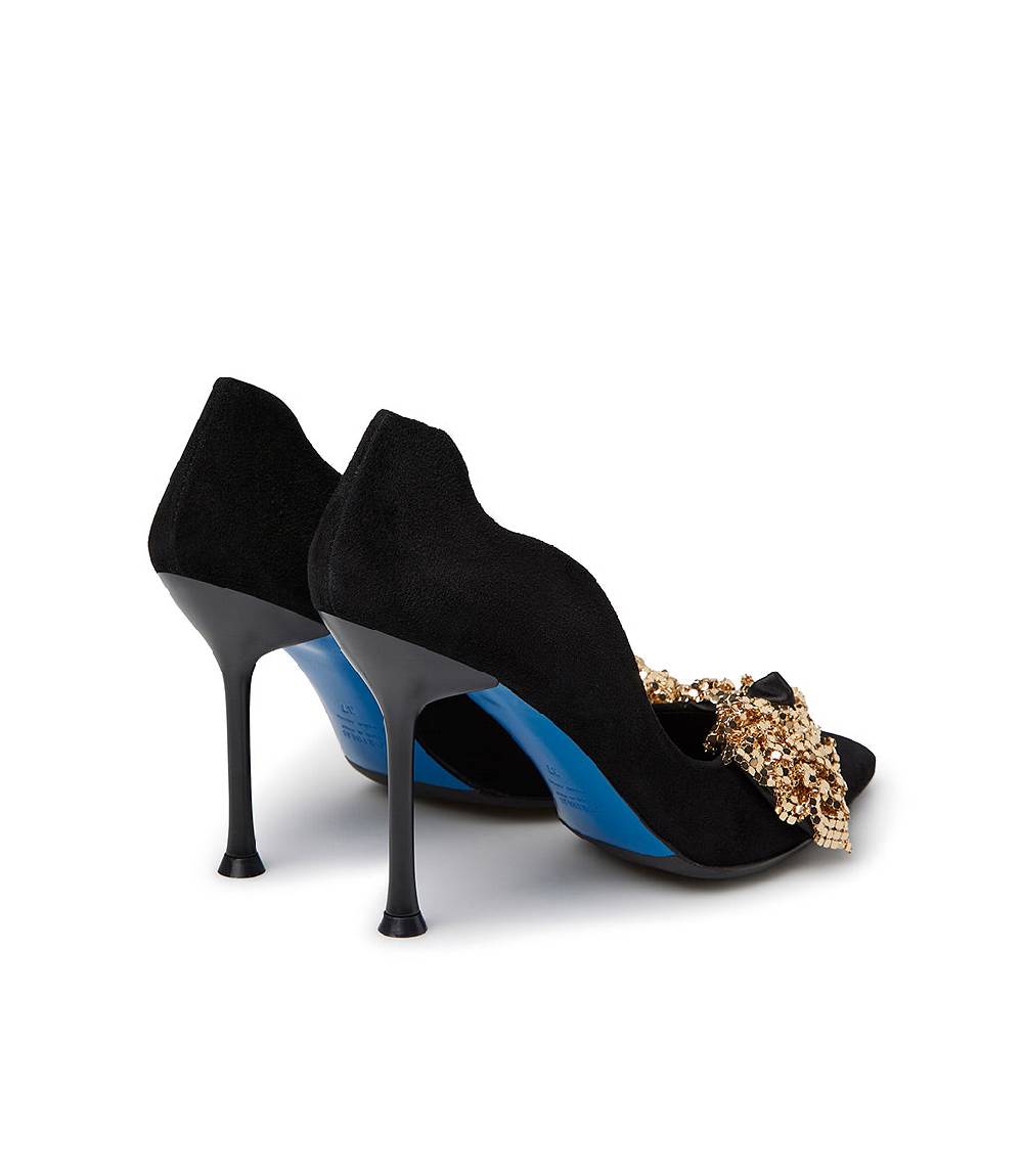 Loriblu Décolleté onda in camoscio nero con fiocco full metal oro Vendita Calda