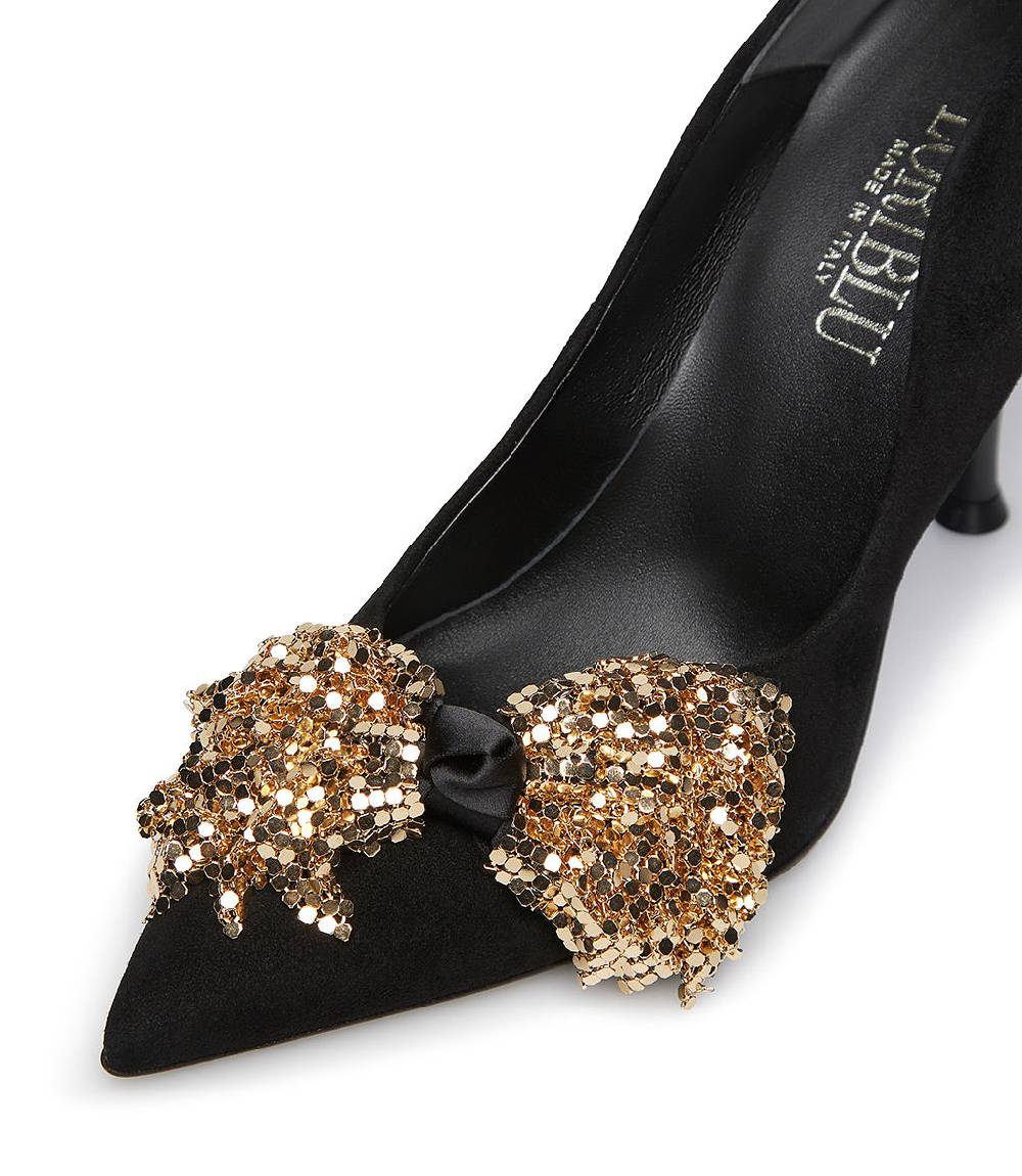 Loriblu Décolleté onda in camoscio nero con fiocco full metal oro Vendita Calda
