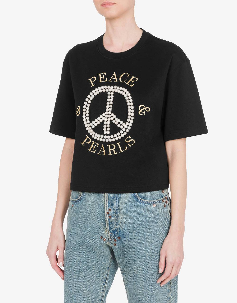 Love Moschino T-shirt in interlock di cotone Peace & Pearls Shopping Online