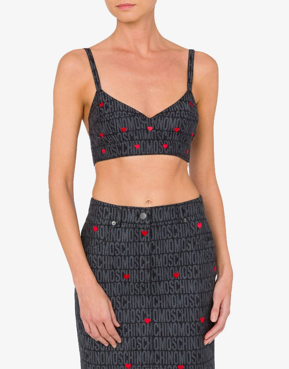Love Moschino Crop top in denim con cuori Allover Logo Fino Al -60%