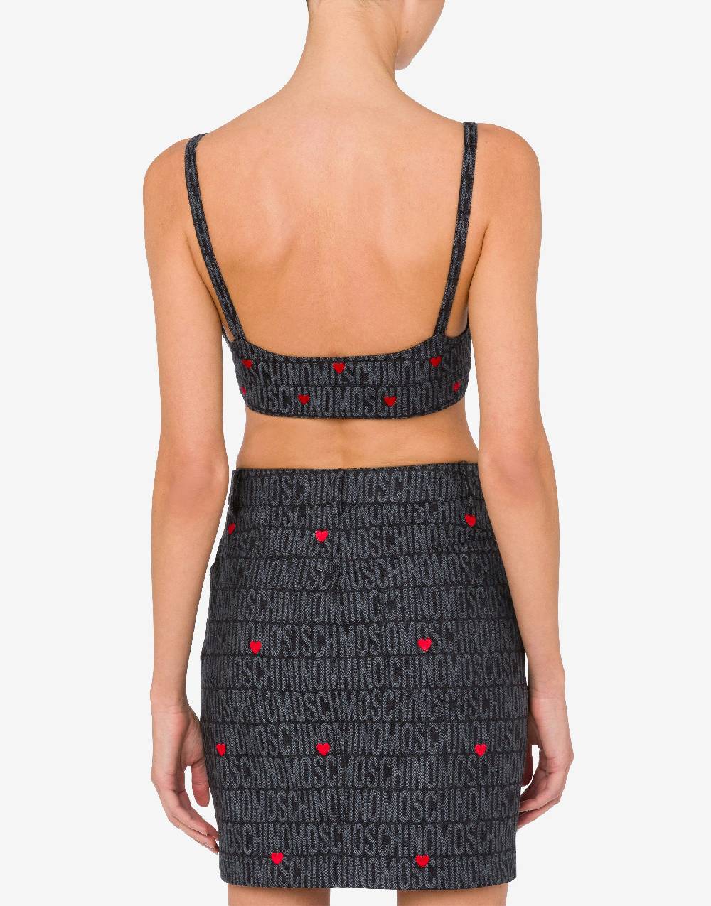 Love Moschino Crop top in denim con cuori Allover Logo Fino Al -60%