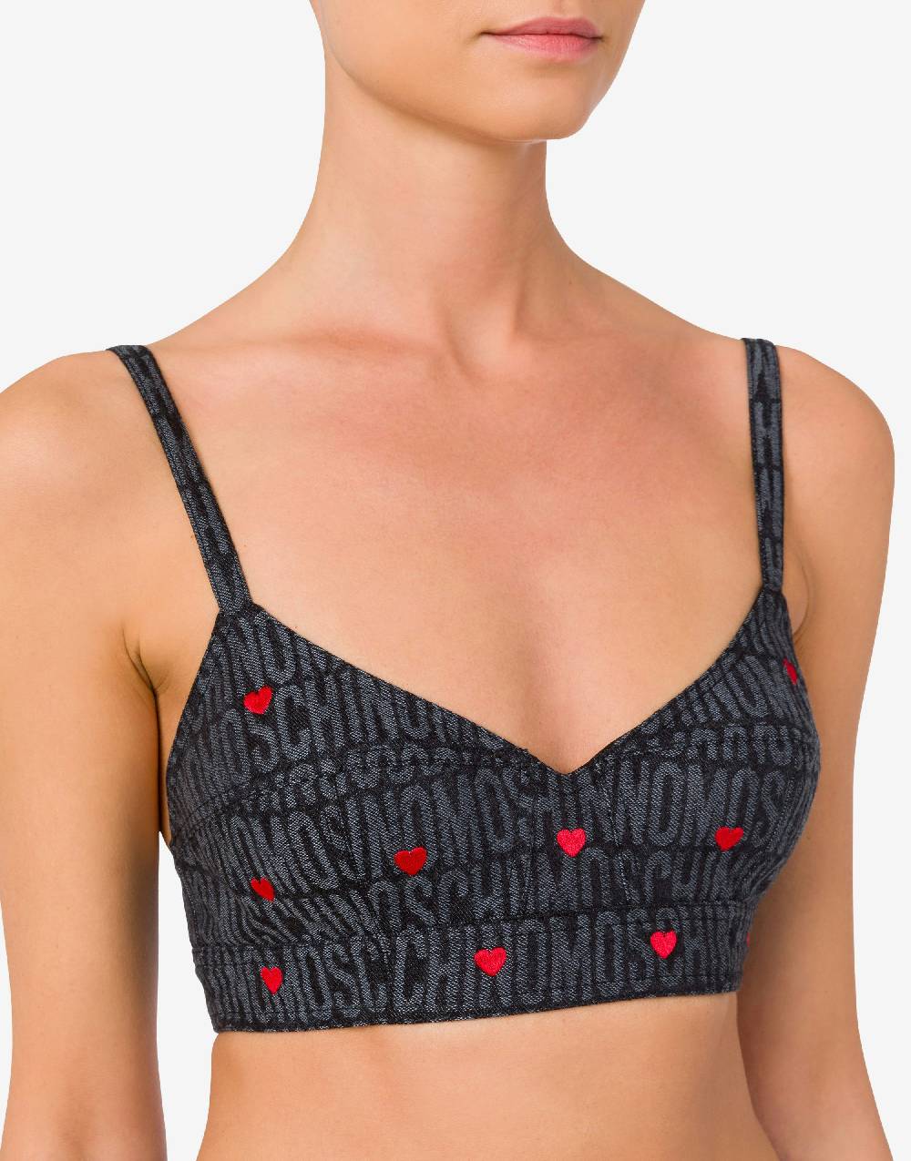 Love Moschino Crop top in denim con cuori Allover Logo Fino Al -60%