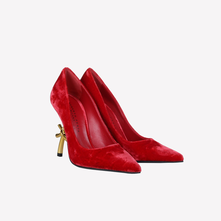 Roberto Festa DECOLLETE’ IN VELLUTO ROSSO CON TACCO SCULTURA LOGO DEAR In Saldo