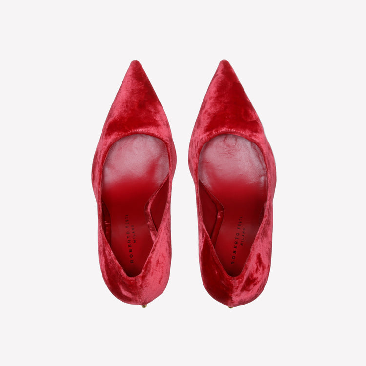 Roberto Festa DECOLLETE’ IN VELLUTO ROSSO CON TACCO SCULTURA LOGO DEAR In Saldo