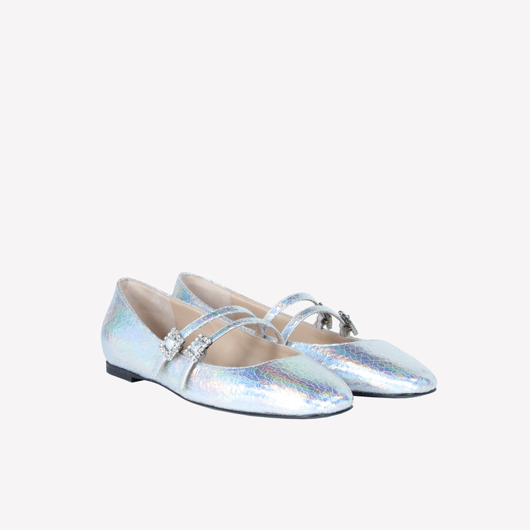 Roberto Festa BALLERINA IN PELLE LAMINATA CON DOPPIO CINTURINO E FIBBIA STRASS JULIE Nuova