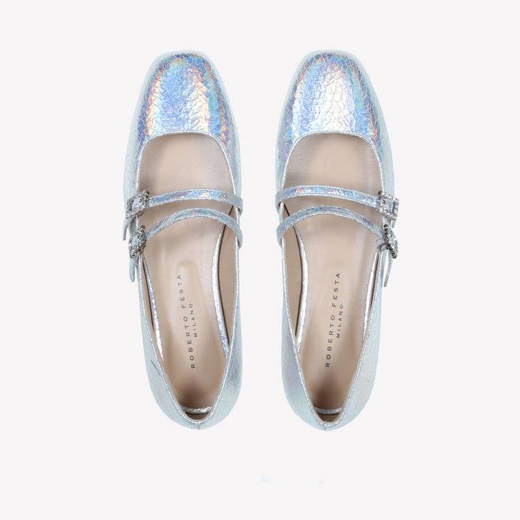 Roberto Festa BALLERINA IN PELLE LAMINATA CON DOPPIO CINTURINO E FIBBIA STRASS JULIE Nuova