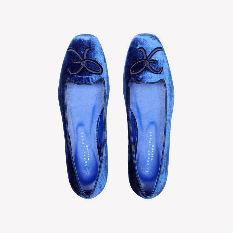 Roberto Festa BALLERINA IN VELLUTO BLU CHINA CON RICAMO RF FELIX Qualità
