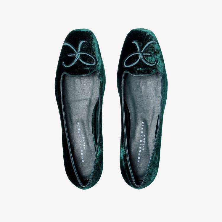 Roberto Festa BALLERINA IN VELLUTO VERDONE CON RICAMO RF FELIX Promozione