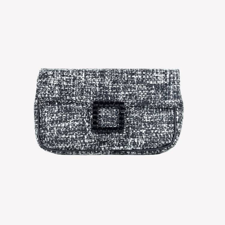 Roberto Festa BORSA A SPALLA IN TESSUTO CHICCO DI RISO BIANCO NERO CON ACCESSORIO FIBBIA QUADRA CON CRISTALLI LUNETTE Negozi Online