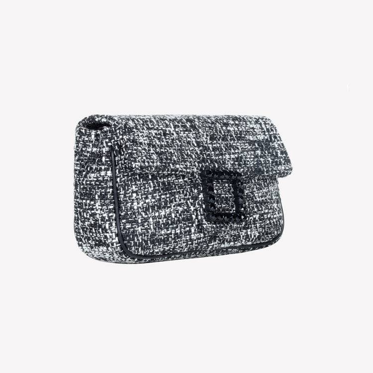 Roberto Festa BORSA A SPALLA IN TESSUTO CHICCO DI RISO BIANCO NERO CON ACCESSORIO FIBBIA QUADRA CON CRISTALLI LUNETTE Negozi Online