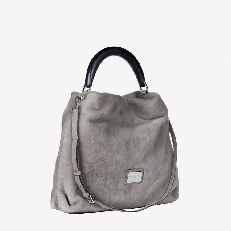 Roberto Festa BORSA A SPALLA IN MONTONE EFFETTO VISONE COLOR NUTRIA CON MANICO IN LEGNO NERO BIANCA Novità