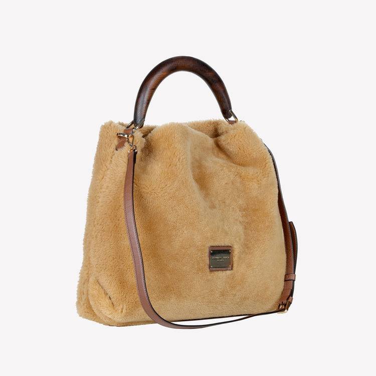 Roberto Festa BORSA A SPALLA IN MONTONE COLOR TEDDY CON MANICO IN LEGNO NOCE BIANCA Presa