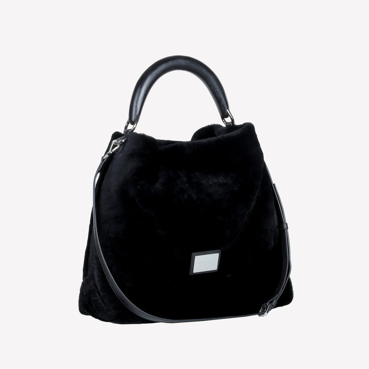 Roberto Festa BORSA A SPALLA IN MONTONE EFFETTO VISONE COLOR NERO CON MANICO IN LEGNO NERO BIANCA Sconto