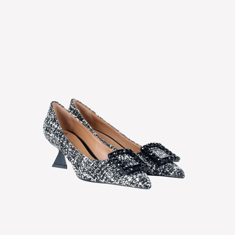 Roberto Festa DECOLLETE’ IN TESSUTO TWEED CON FIBBIA QUADRA CRISTALLI EVILLY In Vendita