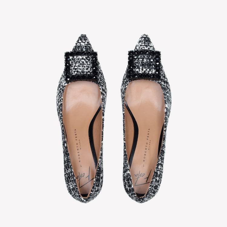 Roberto Festa DECOLLETE’ IN TESSUTO TWEED CON FIBBIA QUADRA CRISTALLI EVILLY In Vendita