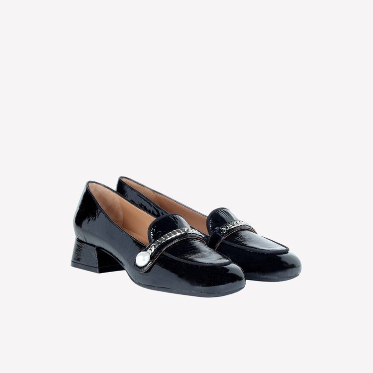 Roberto Festa MOCASSINO IN VERNICE NERA CON ACCESSORIO CATENA ARGENTO DODI Saldi Di Fabbrica