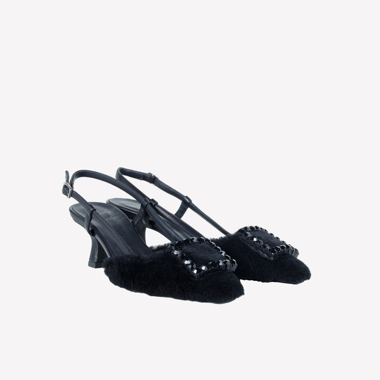 Roberto Festa SLINGBACK IN VISONE NERO CON FIBBIA QUADRA CON CRISTALLI STEFI Promozione