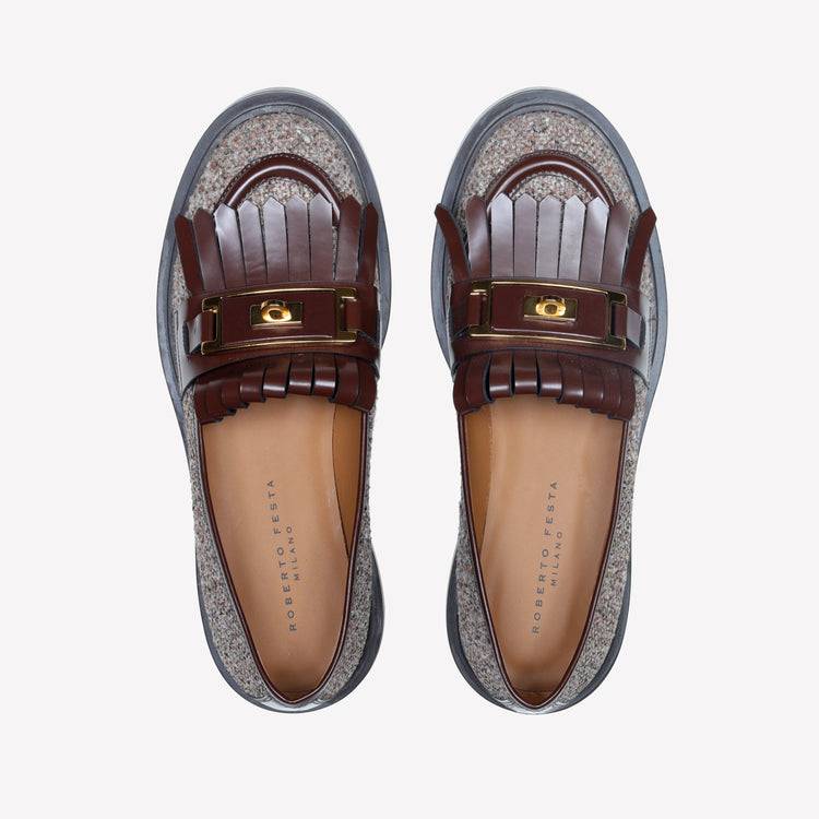 Roberto Festa MOCASSINO IN LANA CON FRANGIA IN PELLE E ACCESSORIO IN OTTONE RAFS Spedizione Gratuita