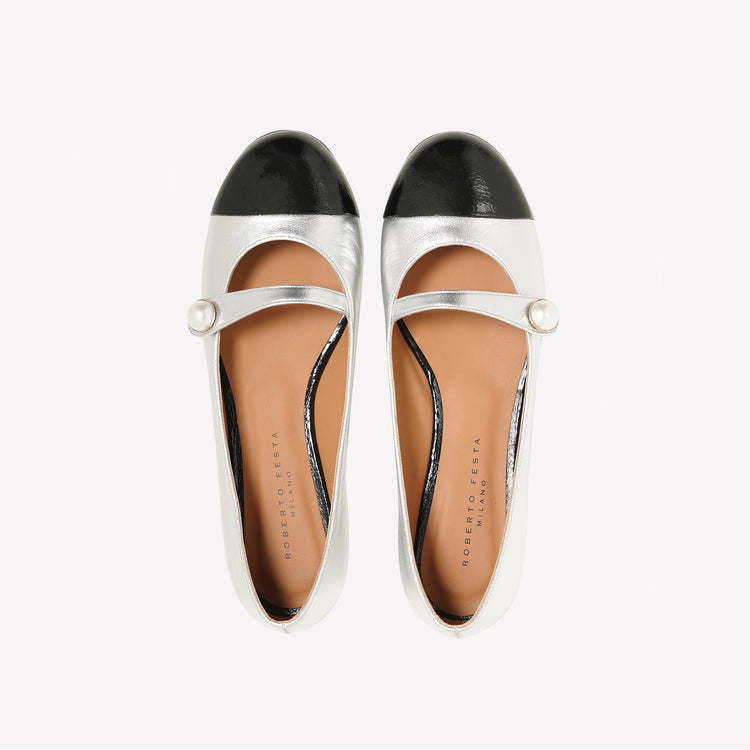 Roberto Festa BALLERINA MARY JANE IN NAPPA ARGENTATA CON PUNTALE A CONTRASTO DIVY Fino Al -60%