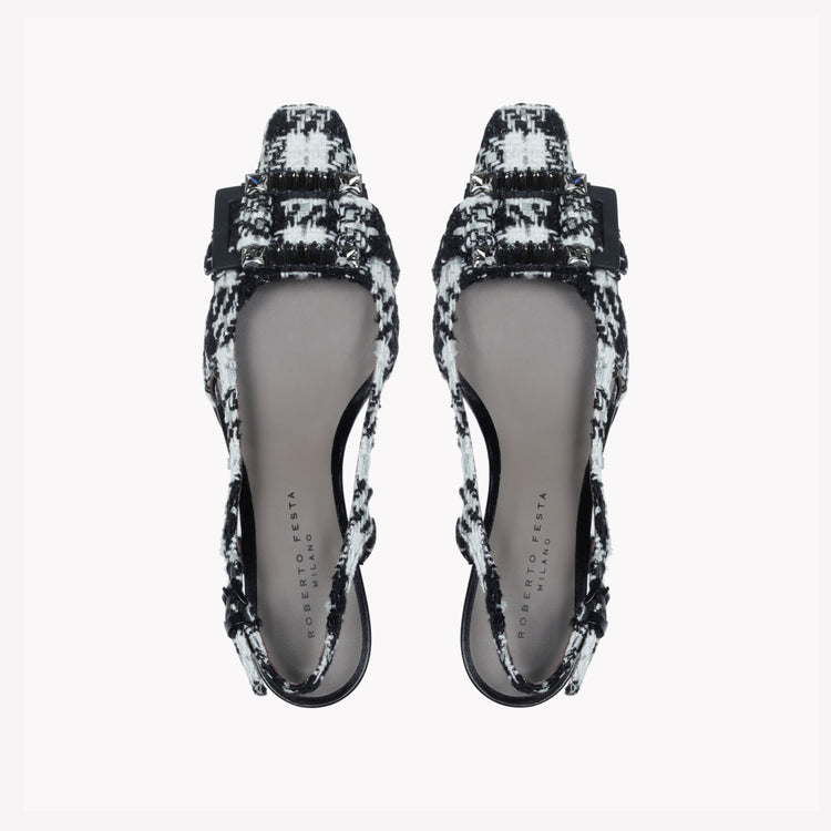 Roberto Festa SLINGBACK IN TWEED CON FIBBIA CRISTALLI BAGUETTE ATENA Prezzo Ridotto