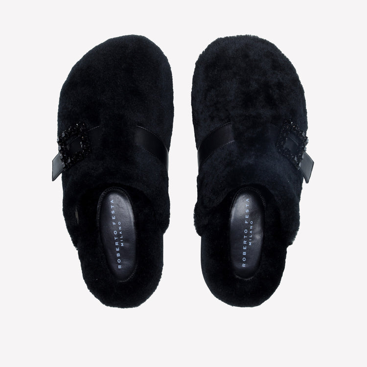 Roberto Festa MULES IN MONTONE NERO CON FIBBIA CRISTALLI MARCUS Italia