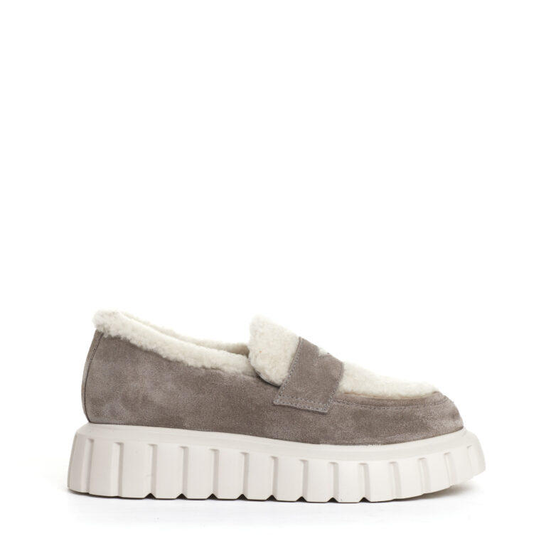 Sorelle Perego mocassino camoscio taupe e ecomontone Acquista Ora