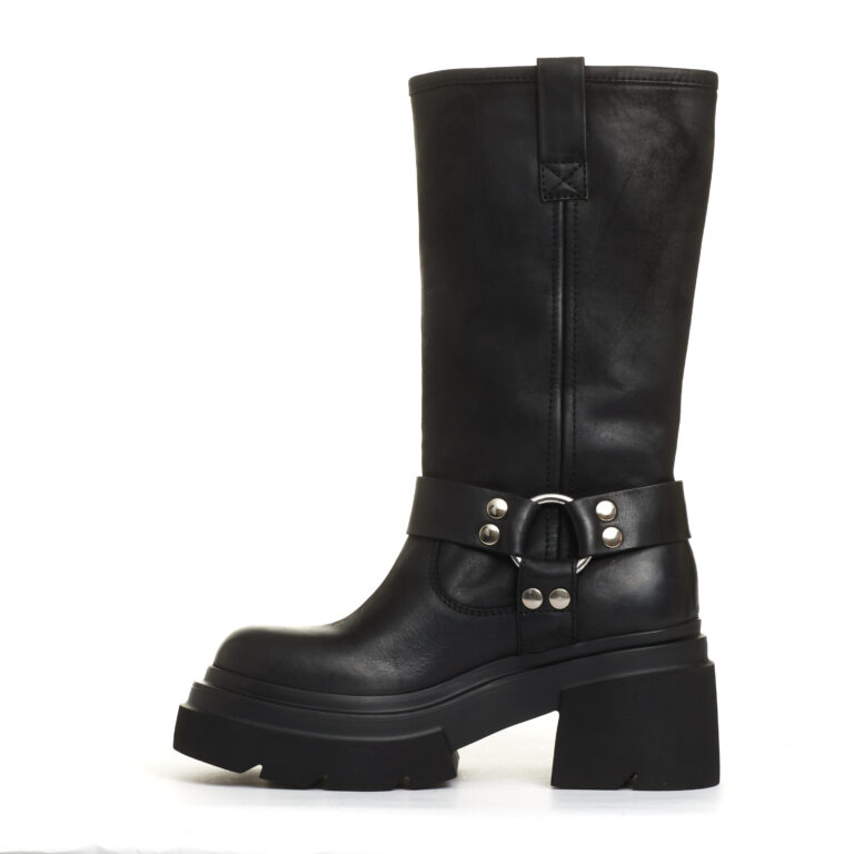 Sorelle Perego stivale biker pelle nera fondo grosso Nuovo