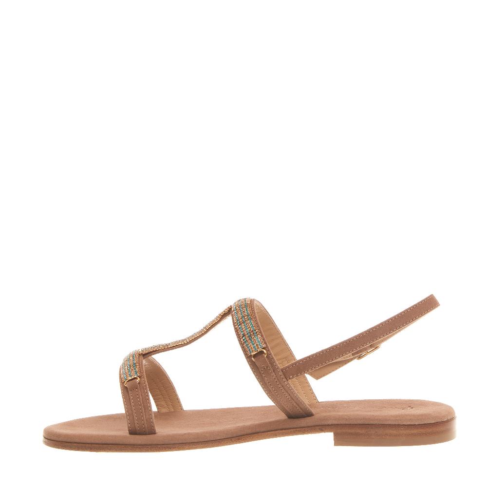 Sorelle Perego sandalo in camoscio beige con cristalli blu e rame Nuovo
