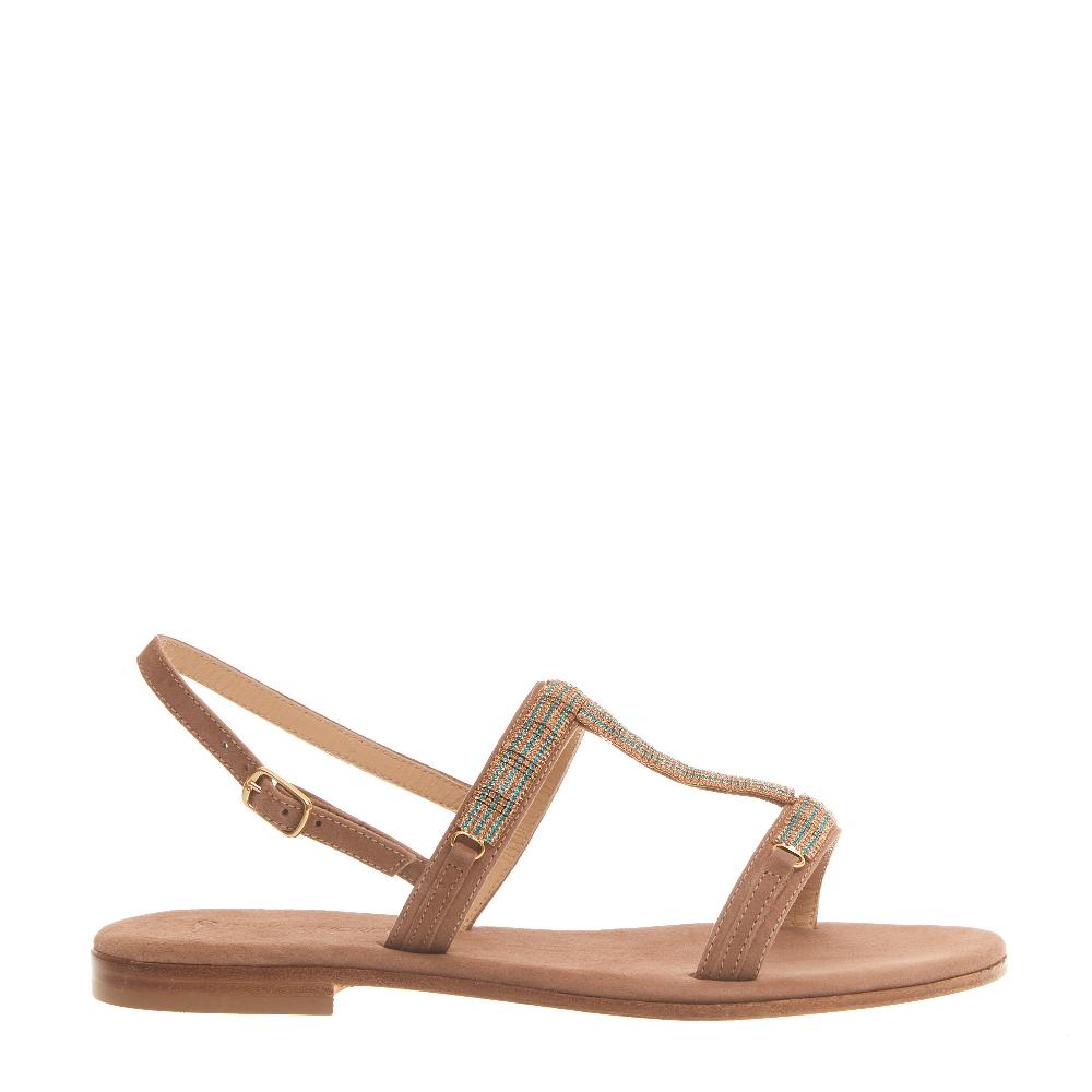 Sorelle Perego sandalo in camoscio beige con cristalli blu e rame Nuovo