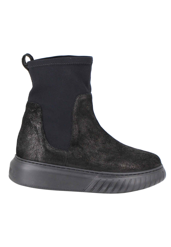 Spatarella Sneakers donna a stivaletto in pelle nera e tessuto elasticizzato in tinta suola in gomma alta Prezzo Ridotto