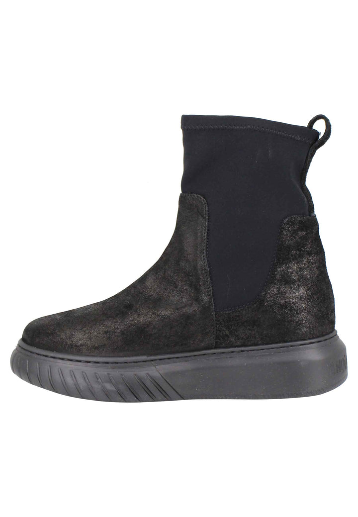 Spatarella Sneakers donna a stivaletto in pelle nera e tessuto elasticizzato in tinta suola in gomma alta Prezzo Ridotto