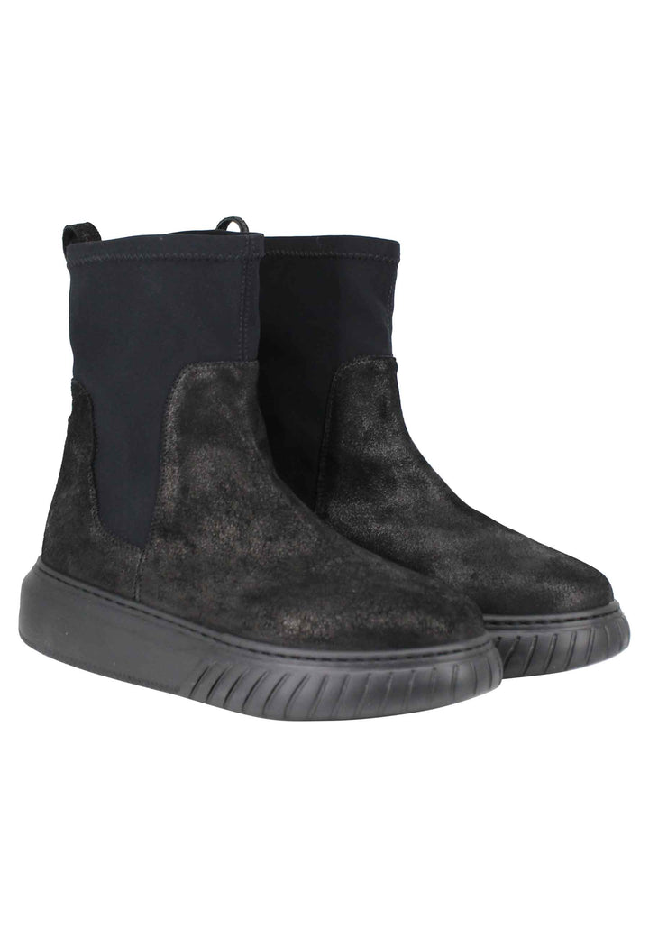Spatarella Sneakers donna a stivaletto in pelle nera e tessuto elasticizzato in tinta suola in gomma alta Prezzo Ridotto