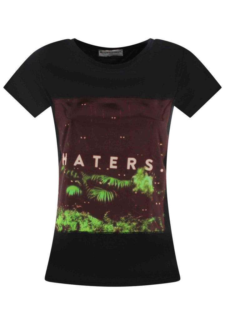 Spatarella T-shirt donna Icons in cotone nero con stampa in seta Negozio