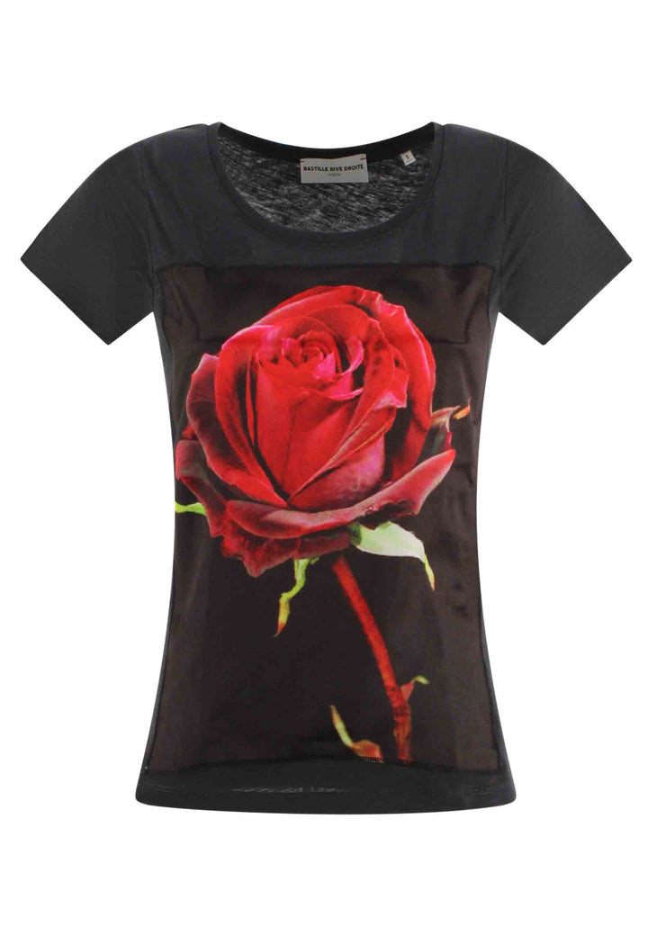Spatarella T-shirt donna Savage in cotone nero con stampa in seta Nuova