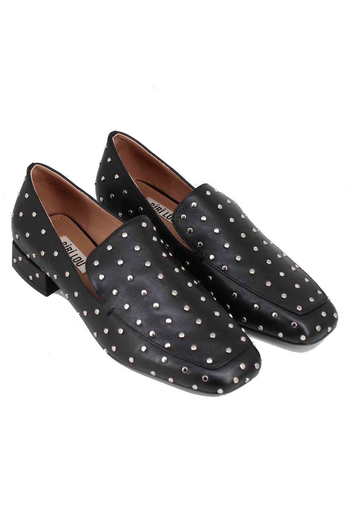 Spatarella Mocassini donna in pelle nera con borchie argento Lillian Qualità
