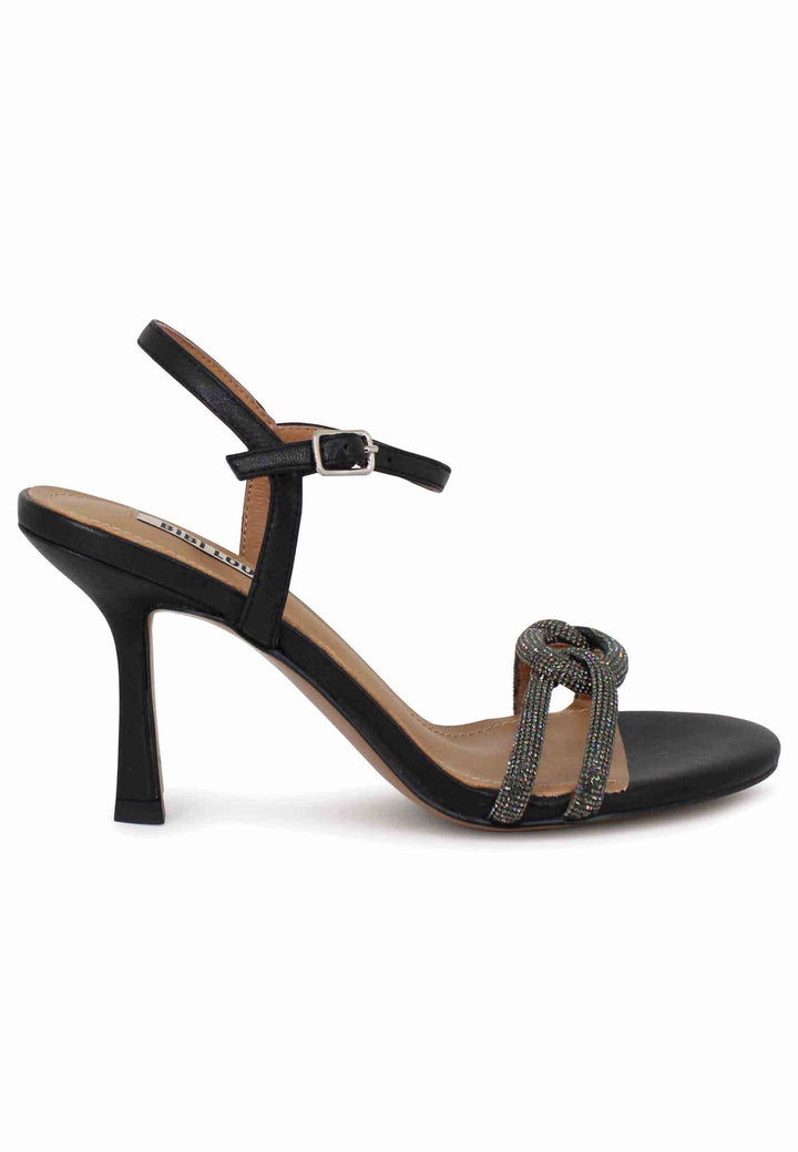 Spatarella Sandali donna Katia in pelle nera tacco alto con strass e cinturino alla caviglia Promozione