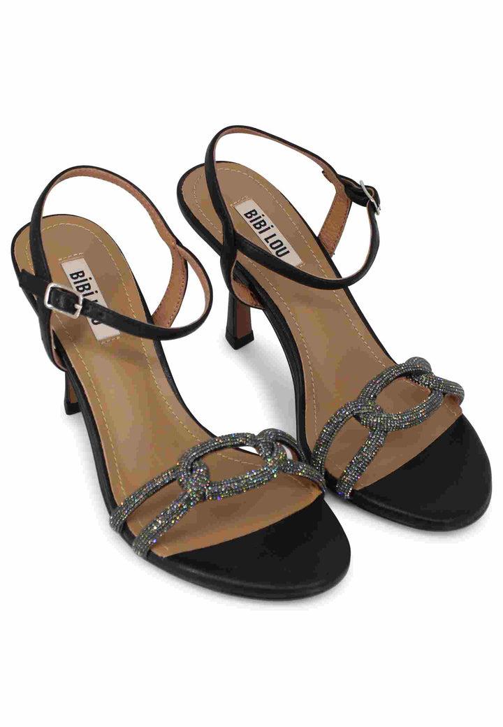 Spatarella Sandali donna Katia in pelle nera tacco alto con strass e cinturino alla caviglia Promozione