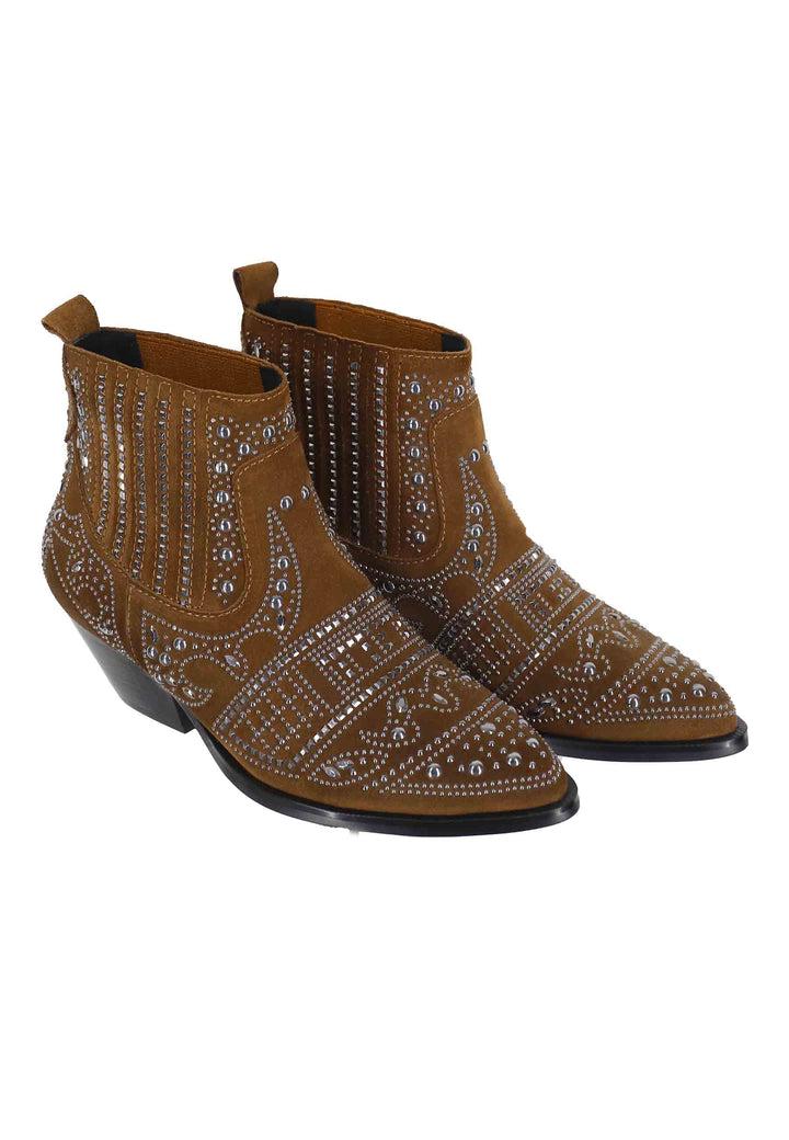 Spatarella Stivaletti texani donna in camoscio cuoio con borchie e tacco basso Soho Acquista Ora