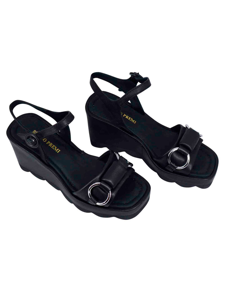 Spatarella Sandali donna in pelle nera con zeppa alta e cinturino alla caviglia Sottocosto
