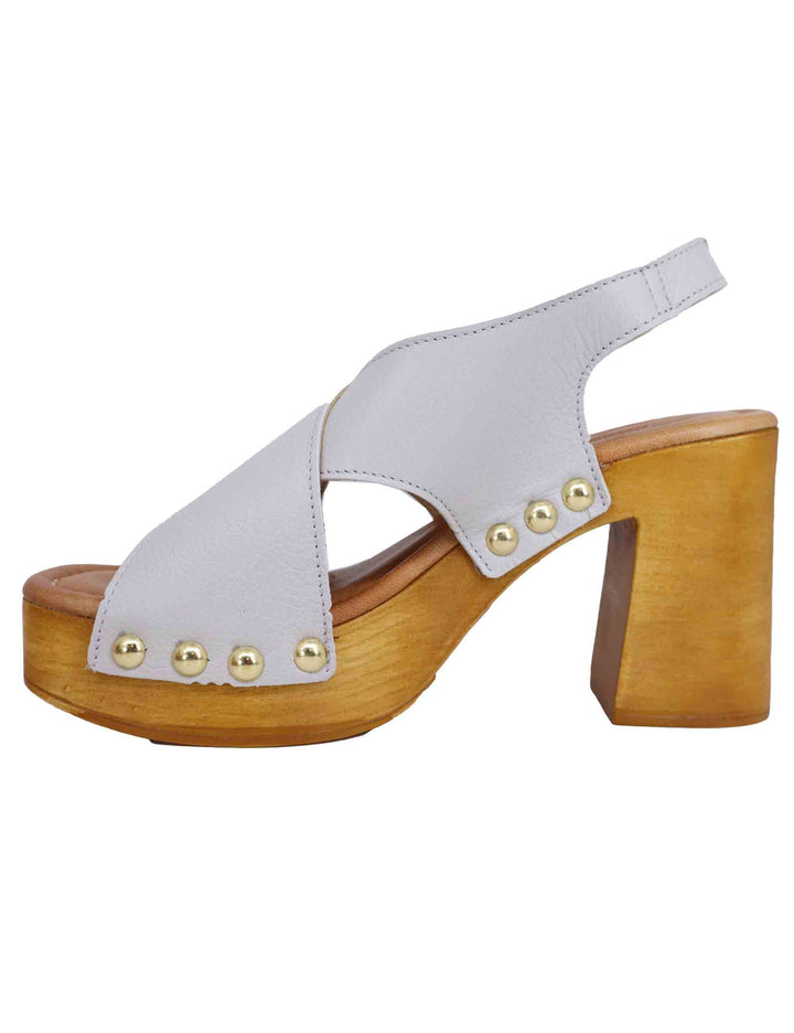 Spatarella Zoccoli slingback donna in pelle bianca con fibbie oro e tacco alto Sconto