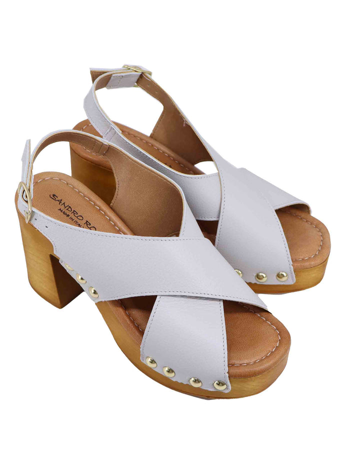 Spatarella Zoccoli slingback donna in pelle bianca con fibbie oro e tacco alto Sconto