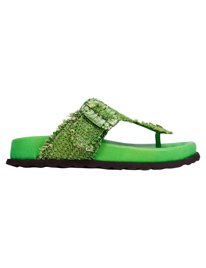 Spatarella Sandali infradito donna in rafia e pelle verde con fussbett alto Offerta