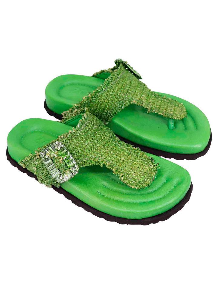 Spatarella Sandali infradito donna in rafia e pelle verde con fussbett alto Offerta
