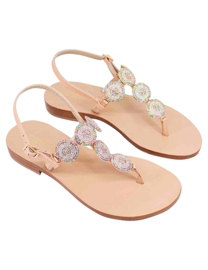 Spatarella Sandali flat slingback donna in pelle naturale con gioiello e suola in cuoio Saldi